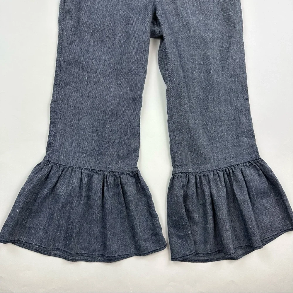 Anthropologie Ett:Twa Chambray Linen Ruffle Hem Wide Leg Pants Size 0 - Picture 4 of 10